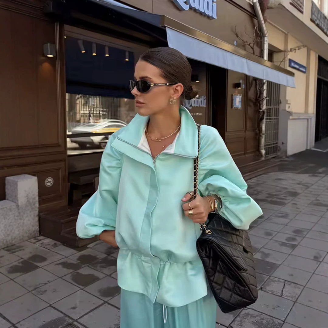 Damen Voluminöse Cropped‑Blousonjacke mit Puffärmeln, Tunnelzugtaillierung und Stehkragen Drune
