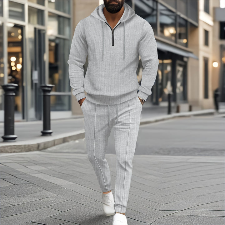 Herren nan strukturiertes Halbzip-Kapuzenloungewear-Set mit tapered Jogpants und Kordelzug Drune