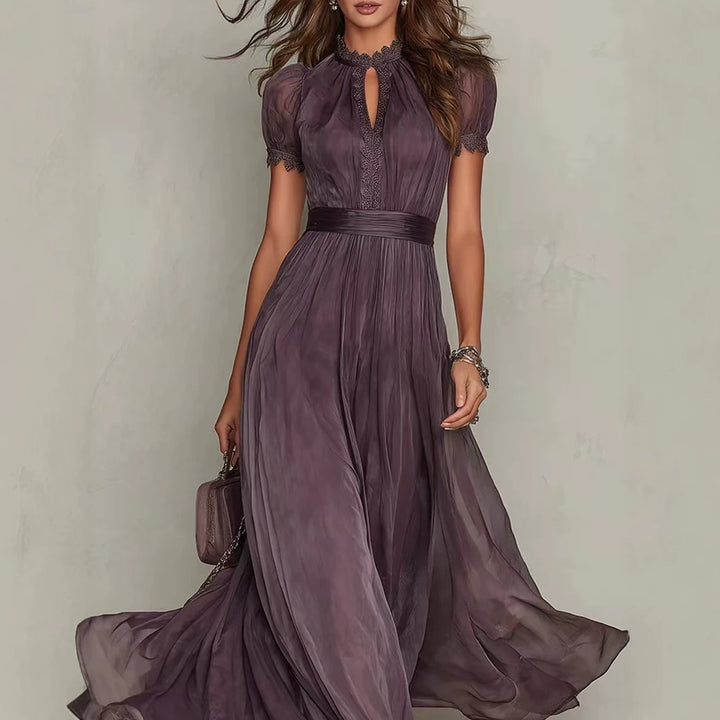 Damen nan langes Chiffon-Abendkleid mit Spitzen‑Stehkragen, Schlüsselöffnung und taillierter Schärpe Drune