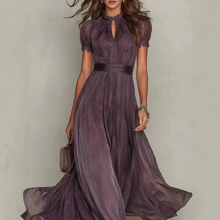 Damen nan langes Chiffon-Abendkleid mit Spitzen‑Stehkragen, Schlüsselöffnung und taillierter Schärpe Drune