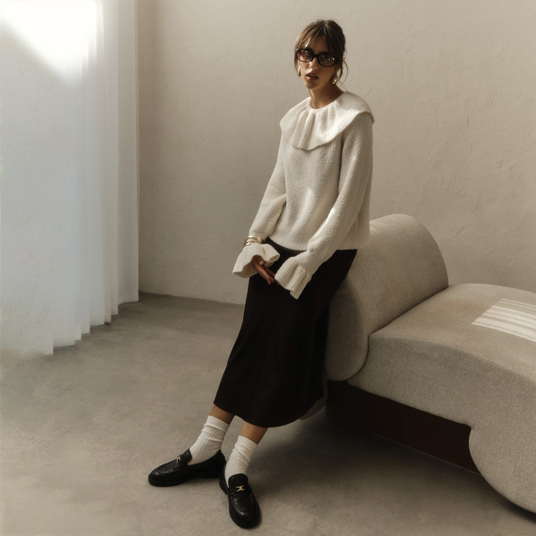 Damen Pullover mit weitem Rollkragen und Volantärmeln Drune