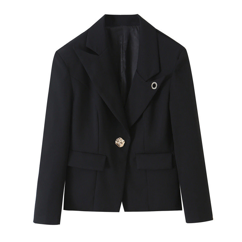 Damen Taillierter Kurzblazer mit asymmetrischem Schmuckknopf und Pattentaschen Drune