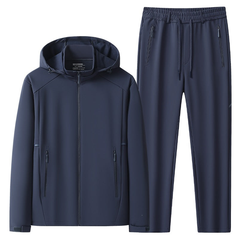 Herren Wetterfester Softshell-Trainingsanzug mit Kapuzen‑Zipjacke, Reißverschluss‑Taschen & konischer Jogginghose Drune
