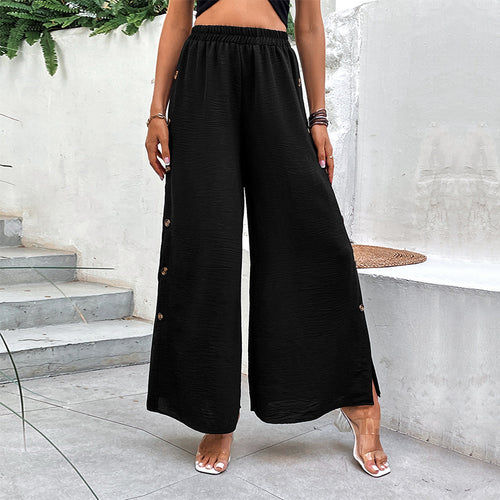 Damen Weite Palazzo-Hose mit elastischem Bund, Seitenschlitz und Zierknopfleiste Drune