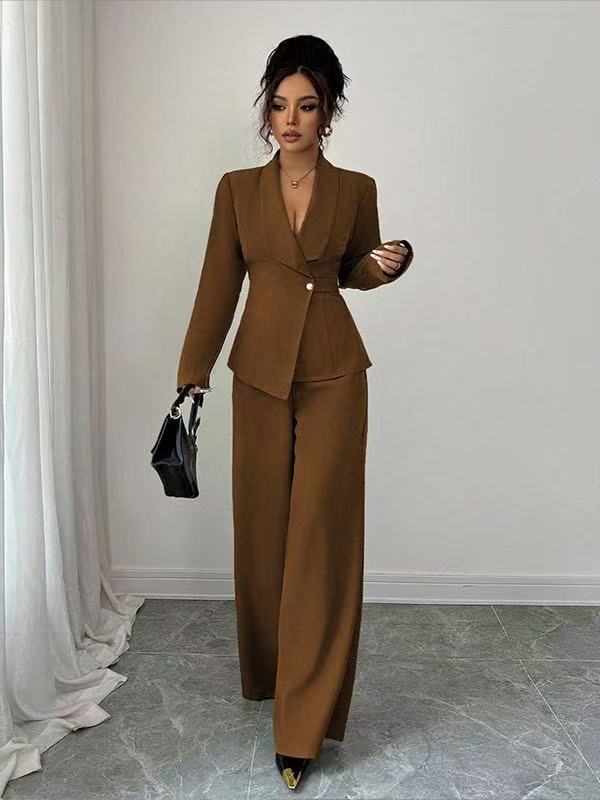 Damen tailliertes Hosenanzug-Set mit asymmetrischem Blazer und weitem Bein Drune