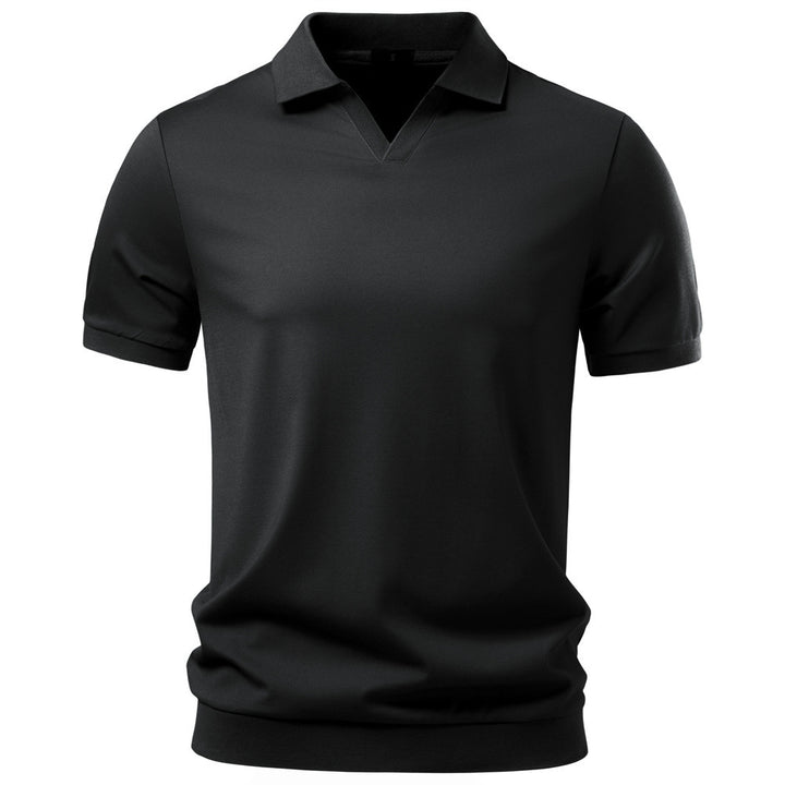 Herren nan feinstrickiges Kurzarm-Poloshirt mit offenem V-Kragen und elastischem Saum Drune