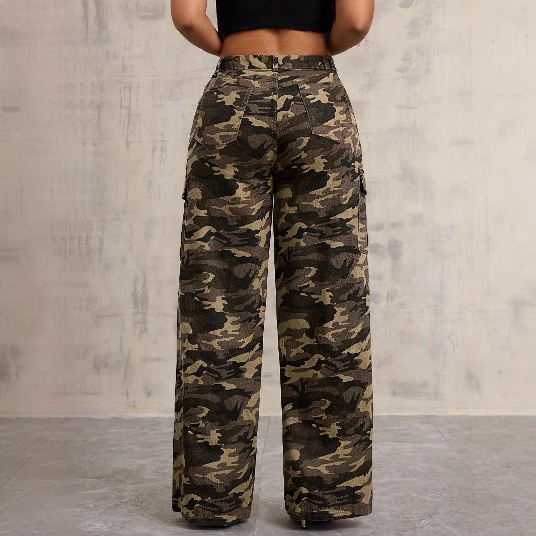 Damen Cargo-Hose im lässigen Camouflage-Design mit seitlichen Taschen und weitem Bein Drune