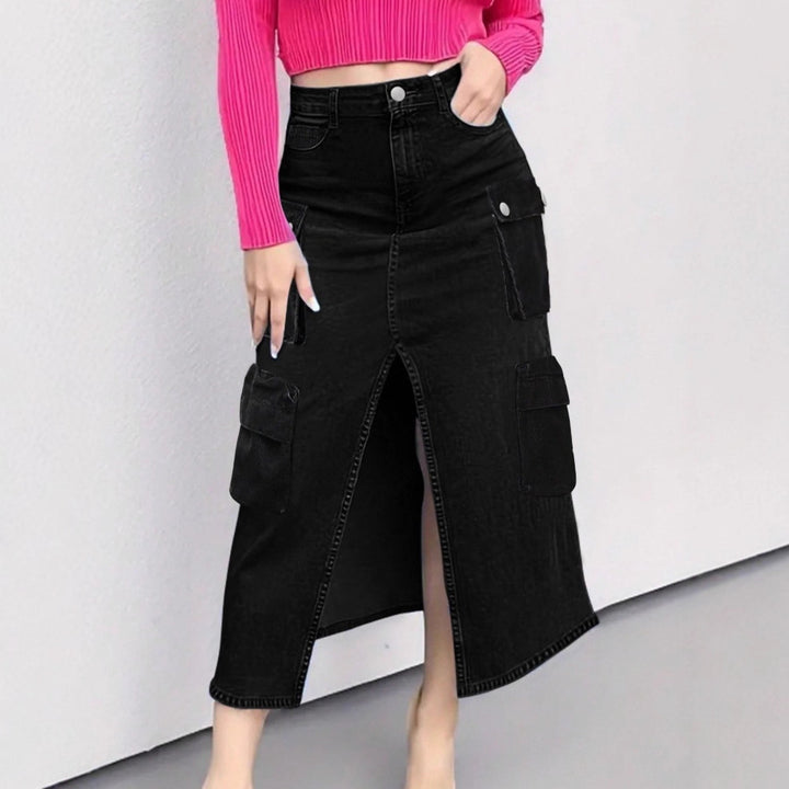 Damen hoher Taillen‑Cargo‑Denim‑Midirock mit Frontschlitz und Pattentaschen Drune