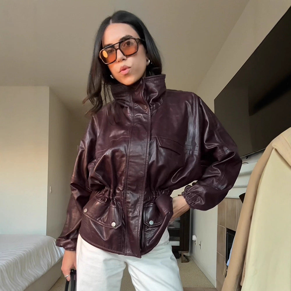 Damen Oversize Lederimitat-Blouson mit hohem Stehkragen und Taillenzug Drune