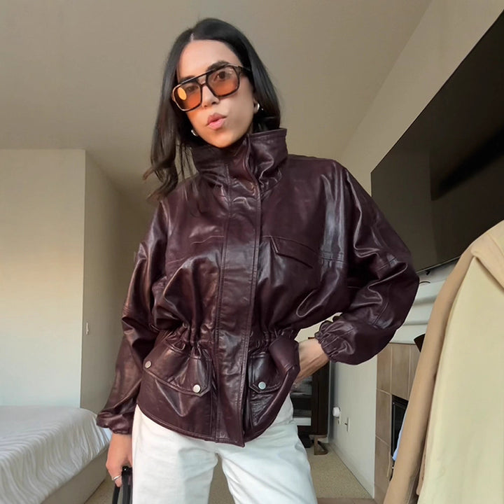 Damen Oversize Lederimitat-Blouson mit hohem Stehkragen und Taillenzug Drune