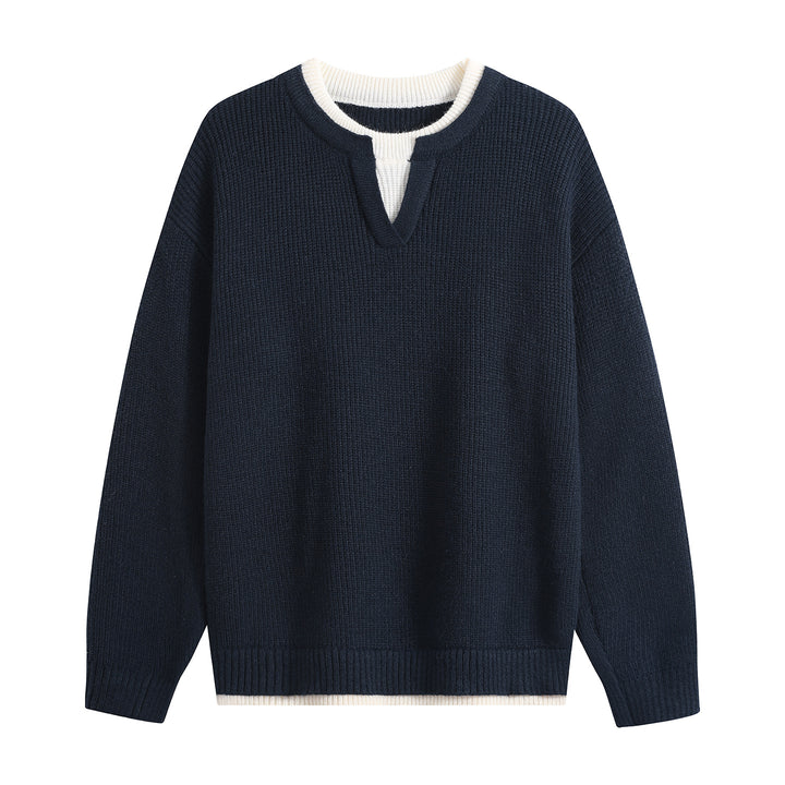 Herren Oversize-Strukturstrick-Pullover mit V‑Einsatz am Rundhals Drune