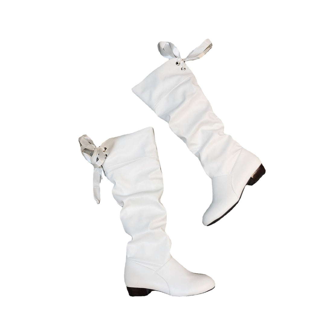 Damen Schaftstiefel kniehoch mit gerafftem Schaft, Bandkordel und niedrigem Blockabsatz Drune