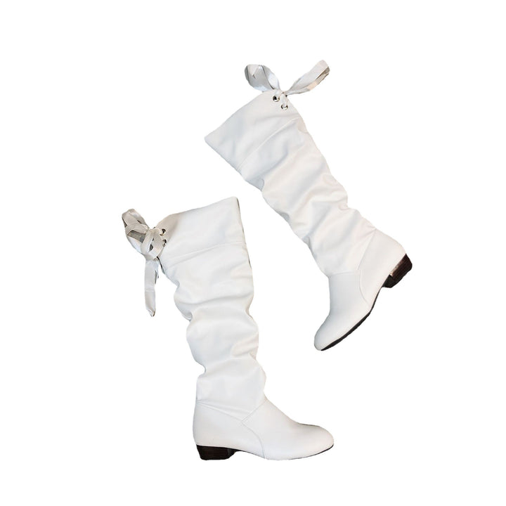 Damen Schaftstiefel kniehoch mit gerafftem Schaft, Bandkordel und niedrigem Blockabsatz Drune