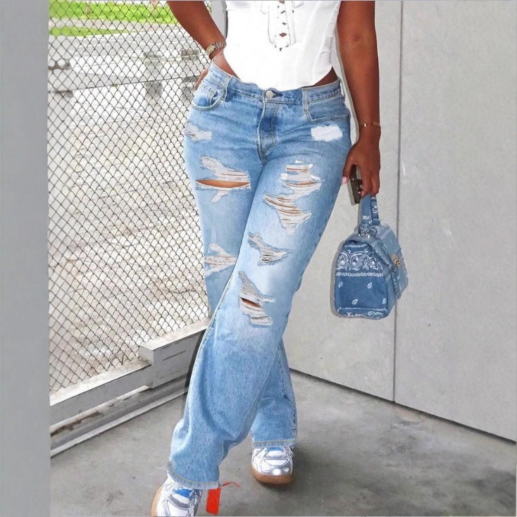 Damen Hochtaillierte Relaxed-Fit Straight-Jeans mit ausgeprägten Destroyed-Details Drune