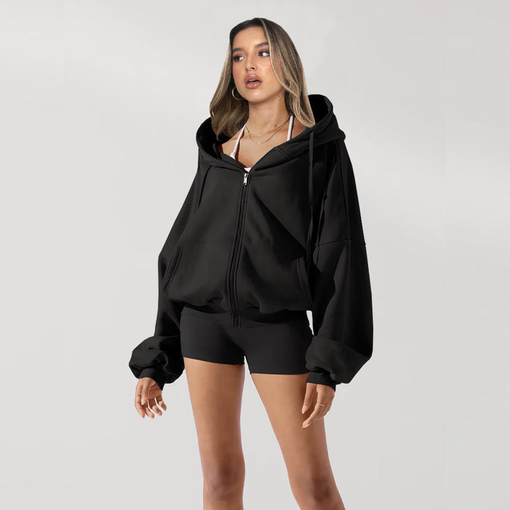 Damen Oversized Kapuzenjacke mit Reißverschluss und Puffärmeln Drune