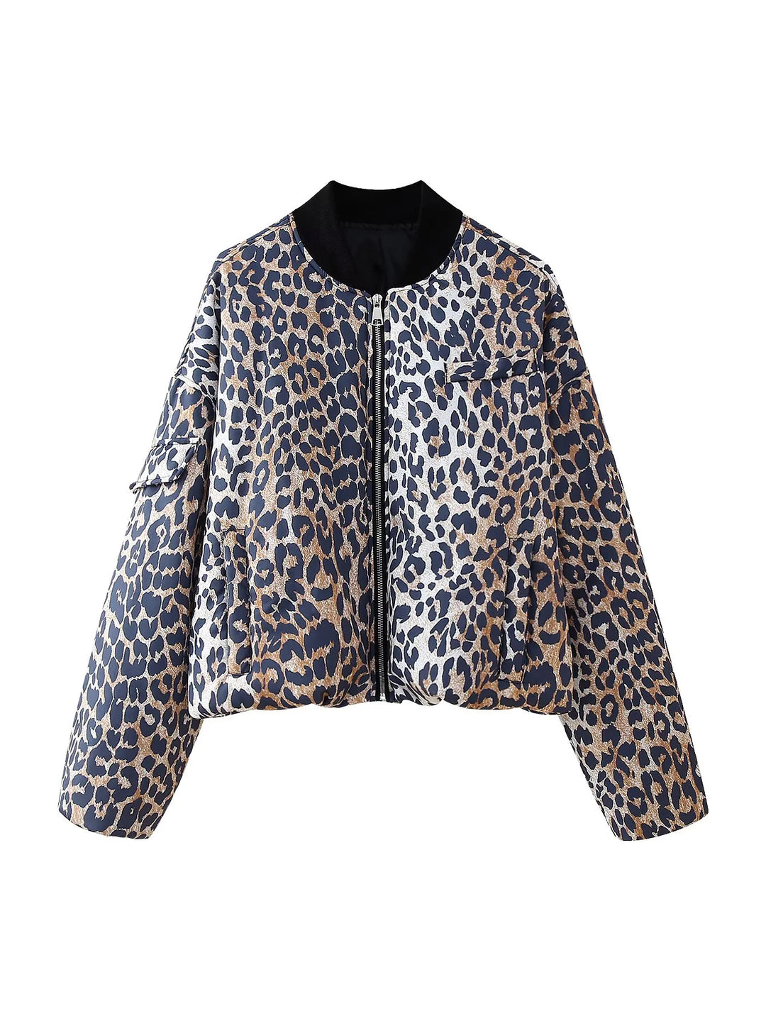 Damen nan cropped Leopard-Bomber mit Boxy-Schnitt, Reißverschluss und Utility-Ärmeltasche Drune