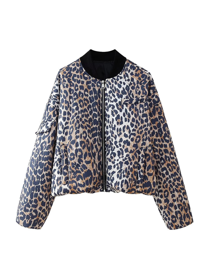 Damen nan cropped Leopard-Bomber mit Boxy-Schnitt, Reißverschluss und Utility-Ärmeltasche Drune