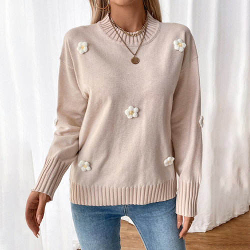 Damen Lässiger Rundhals-Pullover mit 3D-Blüten-Applikationen und gerippten Bündchen Drune
