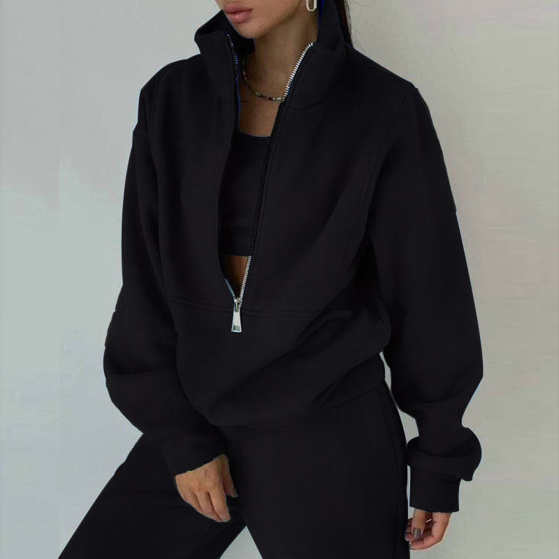 Damen nan kurzes Halbzip-Sweatshirt-und-Jogginghose-Set mit Stehkragen, oversized Schnitt und weichem French-Terry Drune