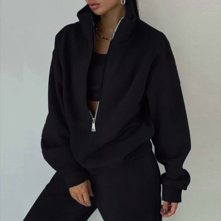 Damen nan kurzes Halbzip-Sweatshirt-und-Jogginghose-Set mit Stehkragen, oversized Schnitt und weichem French-Terry Drune
