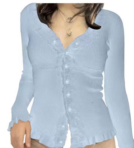 Damen Strickoberteil mit romantischem Spitzenbesatz und Rüschendetails Drune