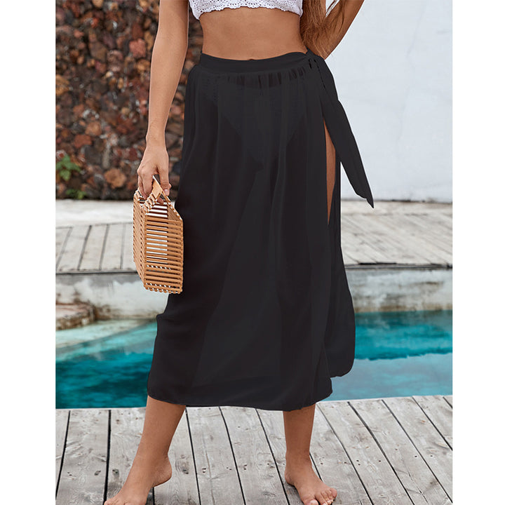 Damen eleganter transparenter Strandrock mit seitlichem Schlitz und bindbarem Gürtel Drune