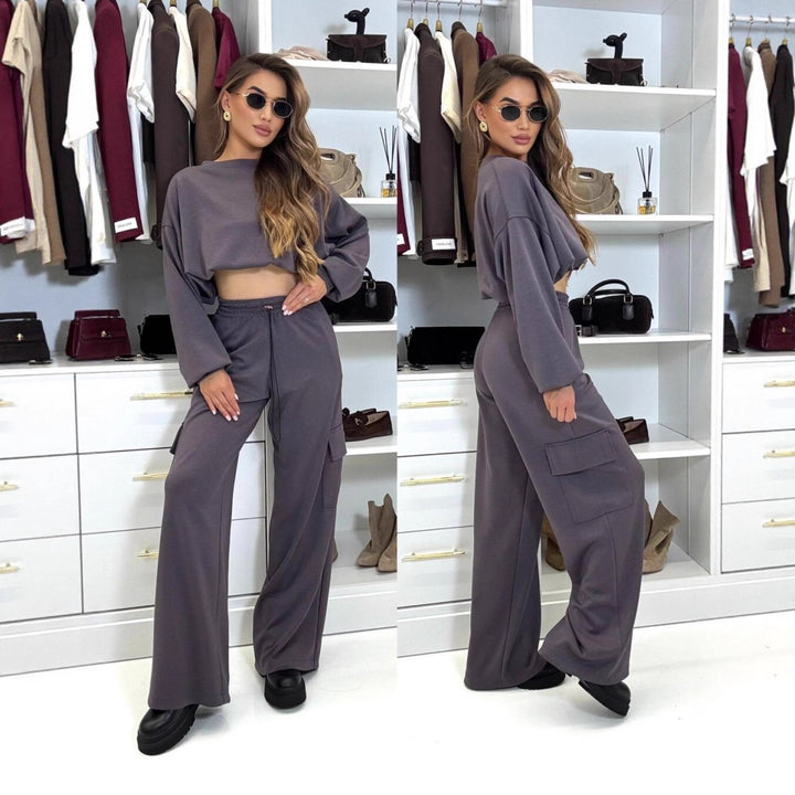 Damen kurzes Oversize-Sweatshirt mit weitem Cargo-Hose Lounge-Set Drune