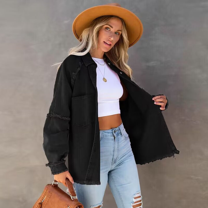 Damen Lässige Denim-Übergangsjacke im Vintage-Stil mit fransigen Details Drune