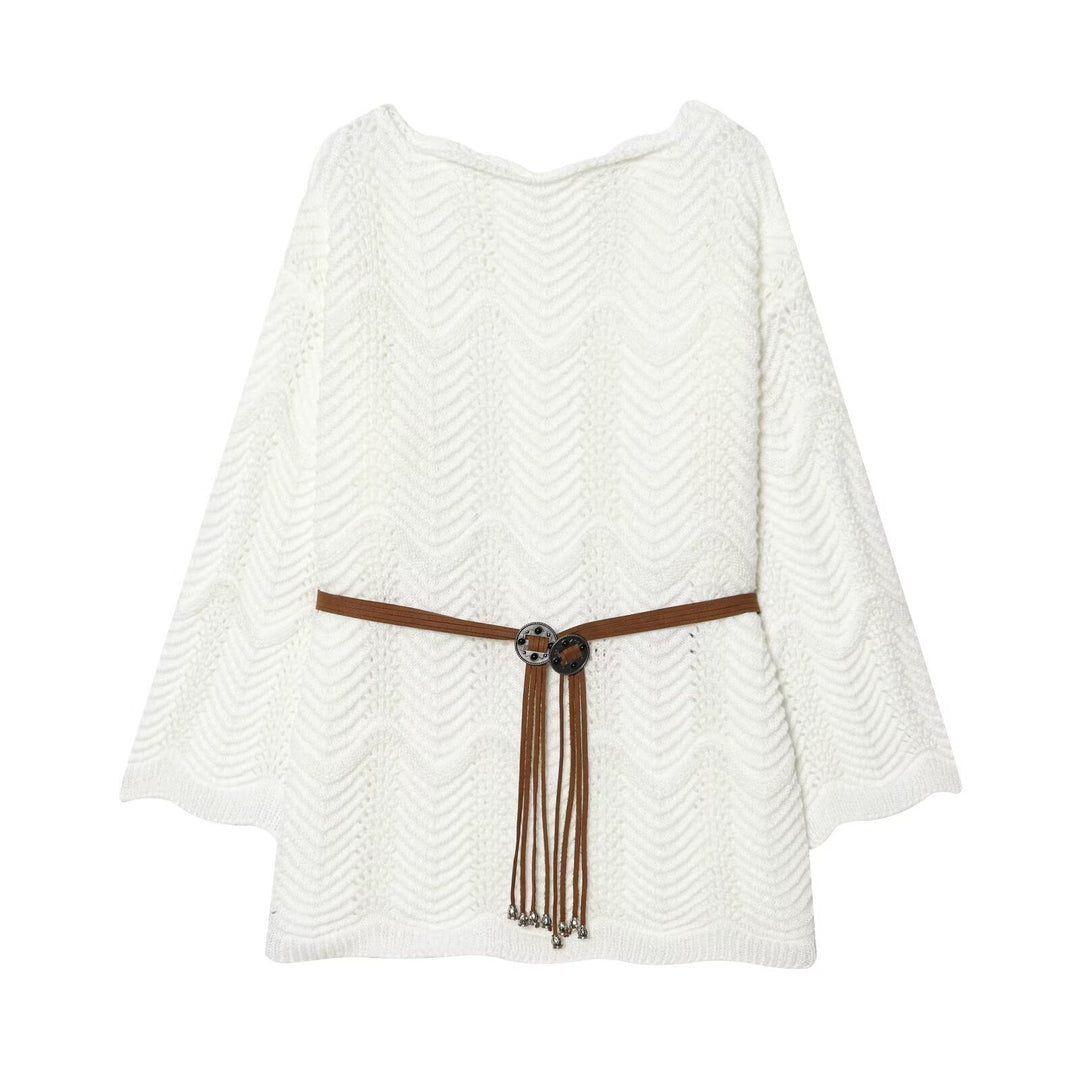 Damen Gestricktes Poncho-Cape mit Ajourmuster und Lederquasten-Gürtel Drune