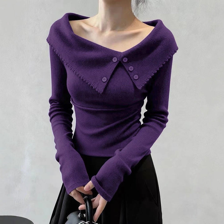 Damen Eleganter Pullover mit weitem Kragen und Knopfdetails Drune