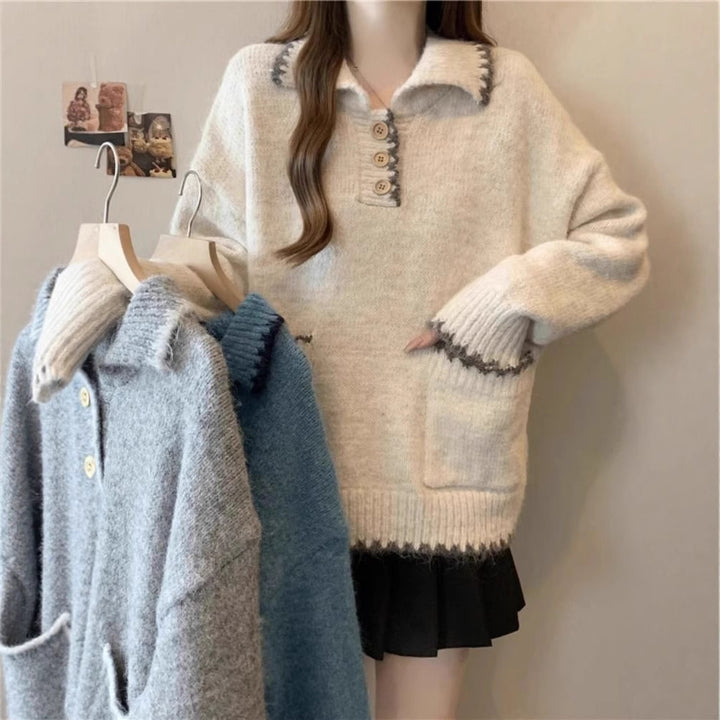 Damen Strickpullover mit Kragen und Knopfdetails Drune