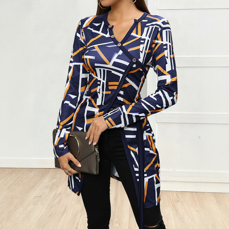 Damen Asymmetrisches Longsleeve-Tunikashirt mit diagonaler Knopfleiste und Seitenschlitzen Drune