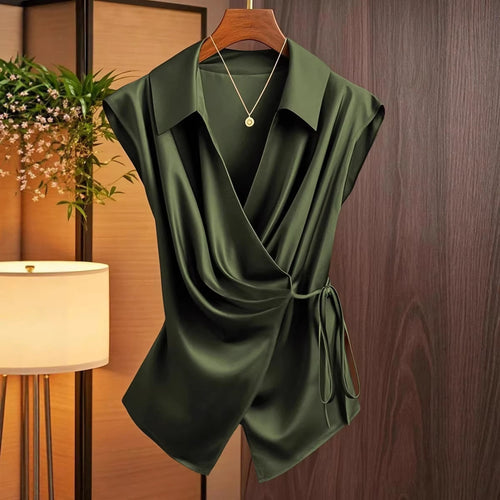 Damen Bluse mit eleganter Wickeloptik und fließendem Satinfall Drune