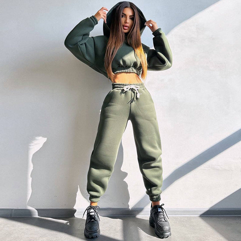 Damen cropped Stehkragen-Sweatset mit elastischem Taillenbund und hochtaillierter Tapered-Jogginghose Drune