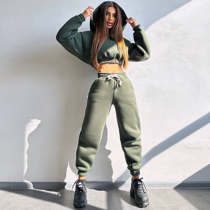 Damen cropped Stehkragen-Sweatset mit elastischem Taillenbund und hochtaillierter Tapered-Jogginghose Drune