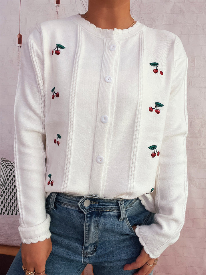 Damen verspielte Strickjacke mit Kirschenmotiv und Rüschenkragen Drune