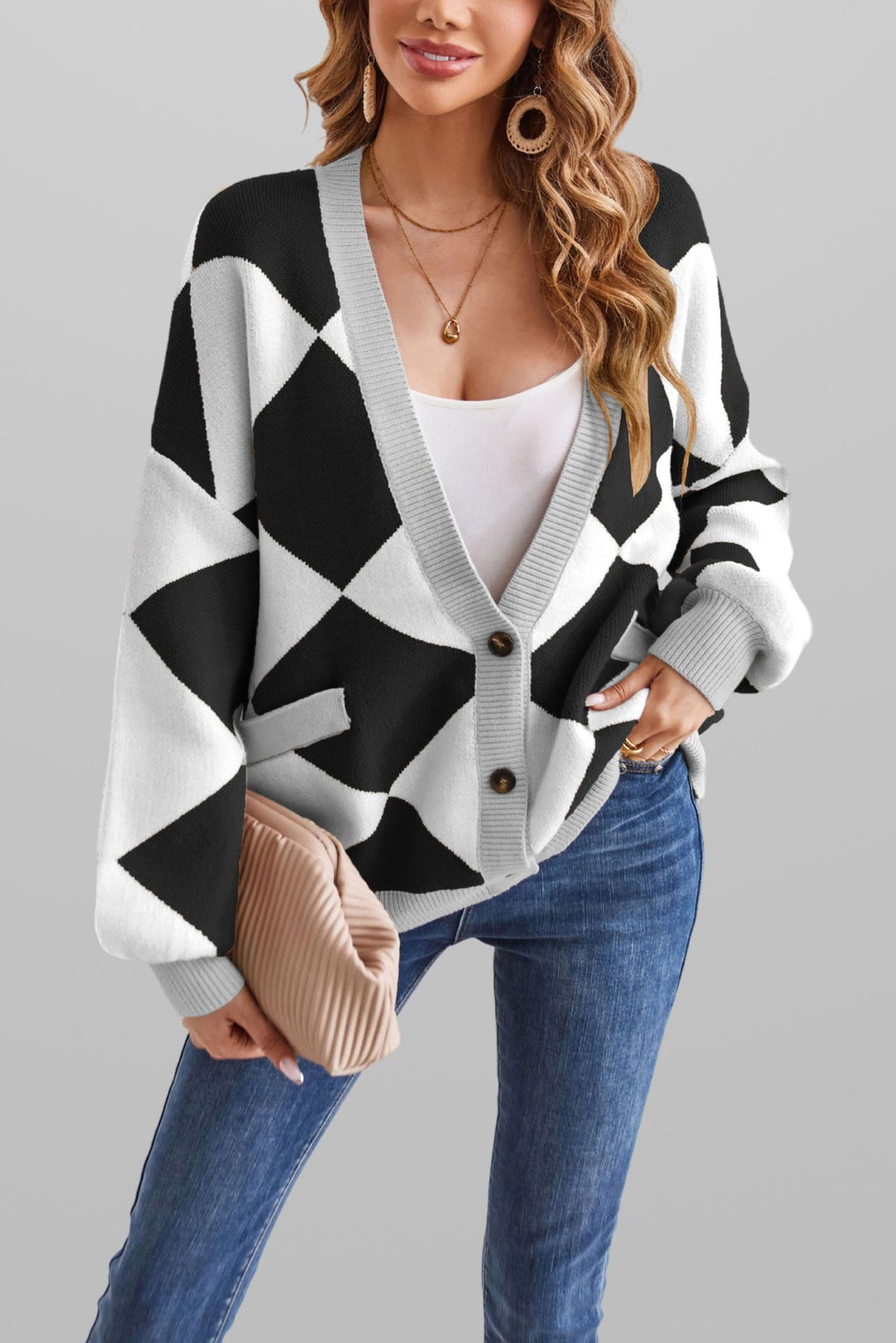 Damen kreativer Strickcardigan mit geometrischem Muster Drune