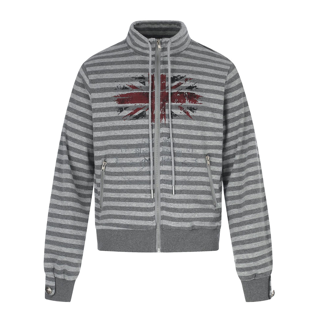 Herren Kapuzenlose gestreifte Zip‑Blousonjacke mit Funnelkragen und Vintage‑Print Drune