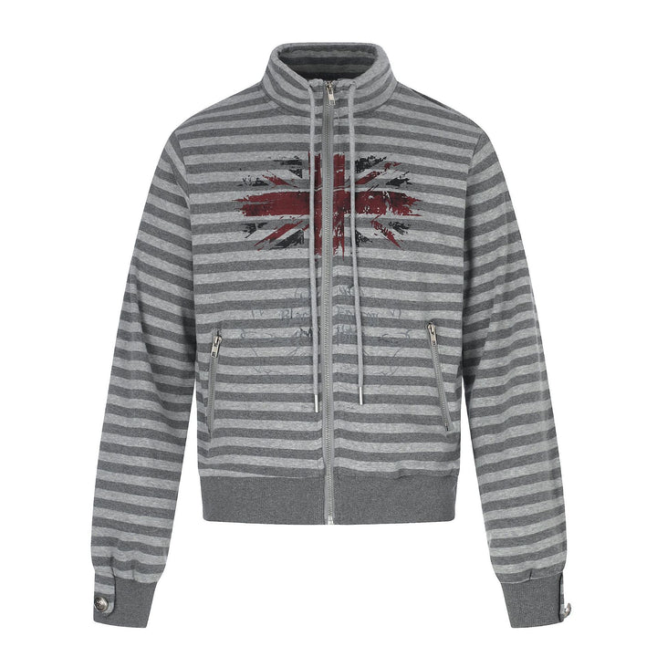 Herren Kapuzenlose gestreifte Zip‑Blousonjacke mit Funnelkragen und Vintage‑Print Drune
