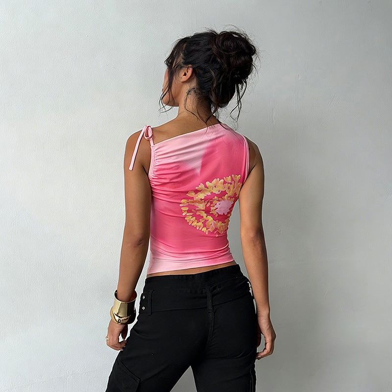 Damen Trägertop mit floralem Design und elastischen Rüschen Drune