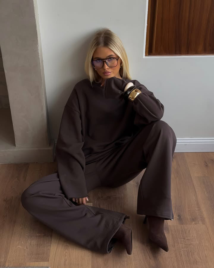 Damen kastiges Sweatstoff-Set mit weichem Rundhalsausschnitt und weiter Kordelbundhose Drune