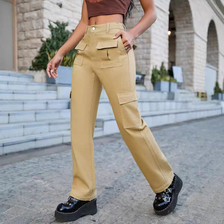Damen weite Cargo-Hose mit hoher Taille und aufgesetzten Klappentaschen Drune