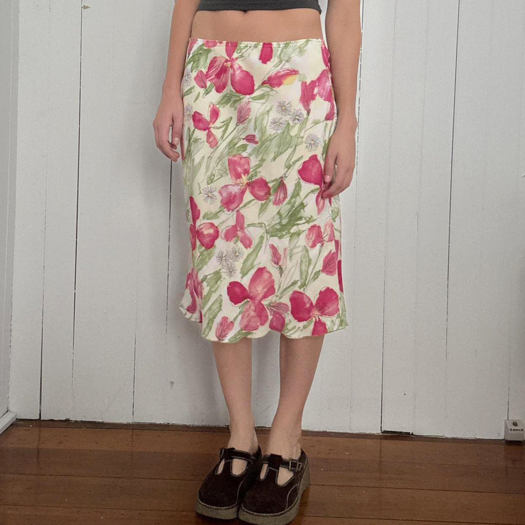 Damen nan ausgestellter Midirock mit floralem Aquarelldruck und hoher Taille Drune