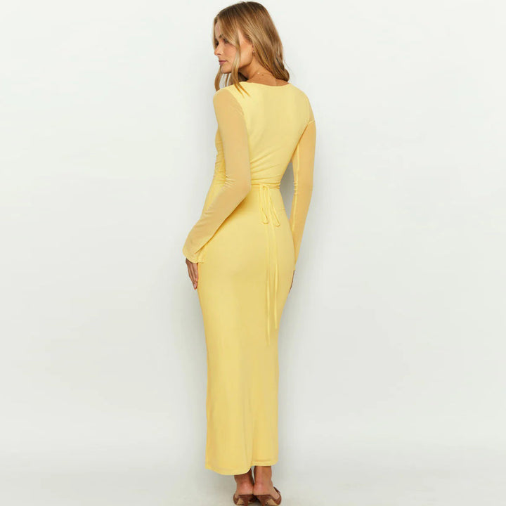 Damen elegantes Maxikleid mit tiefem V-Ausschnitt und transparenten Ärmeln Drune