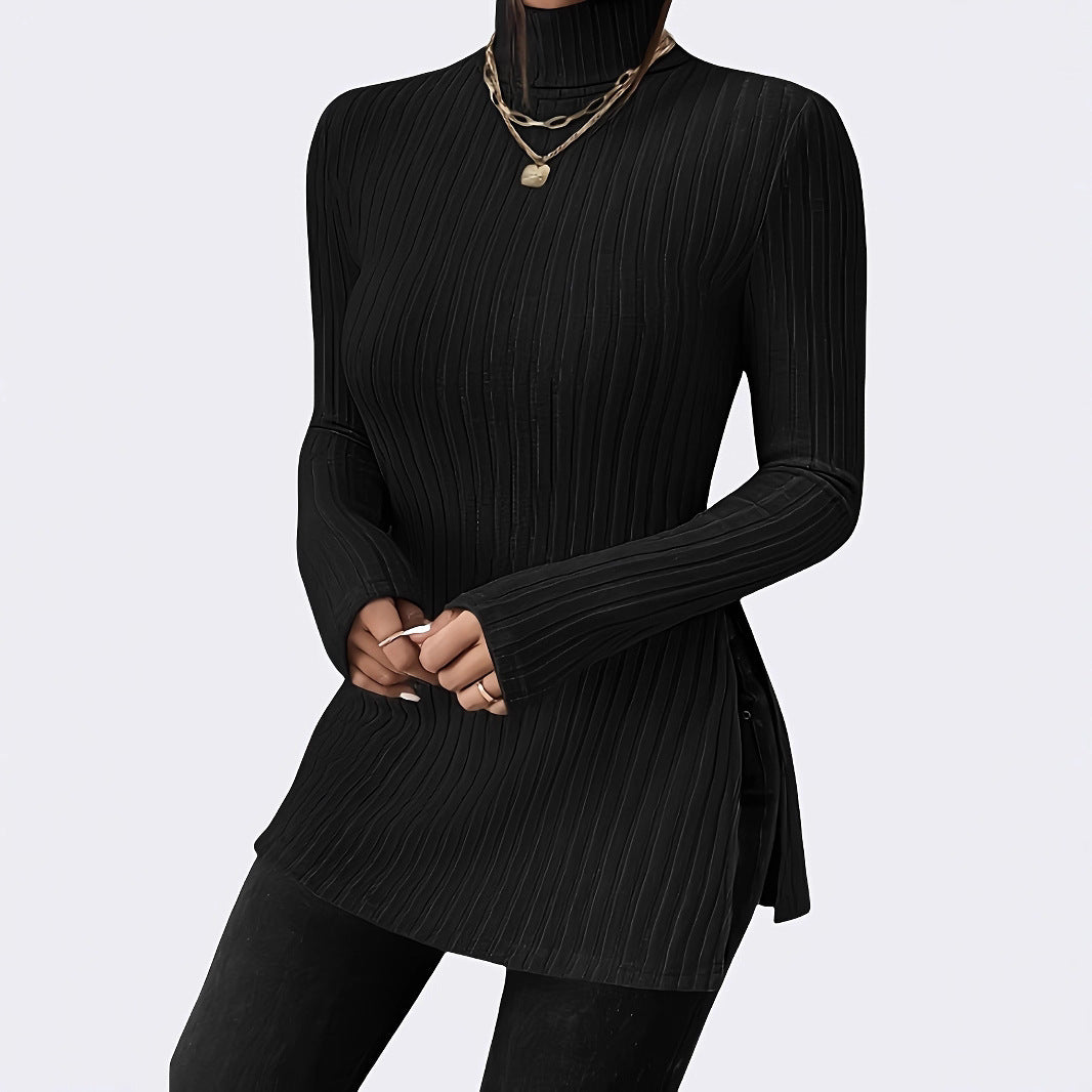 Damen Figurschmeichelnder gerippter Rollkragen-Longpullover mit Seitenschlitzen Drune