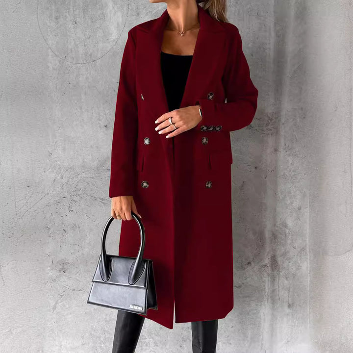 Damen eleganter und zeitloser Mantel mit doppelter Knopfreihe und markanten Taschen Drune