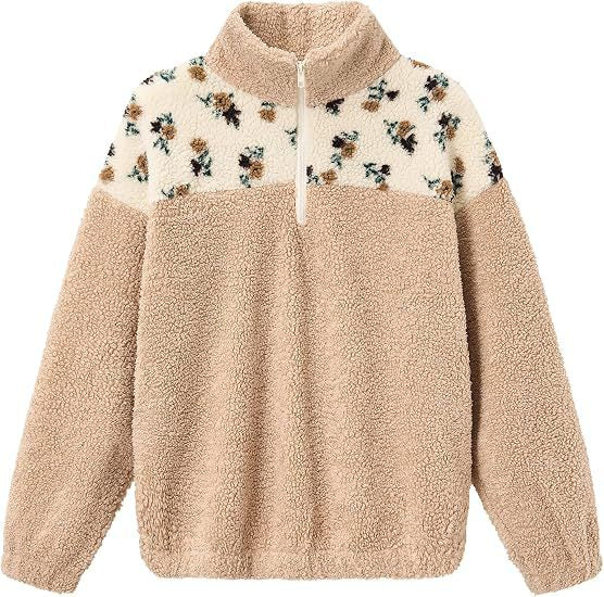 Damen Teddy-Fleece-Pullover mit Stehkragen, floralem Besatz und halbem Reißverschluss Drune