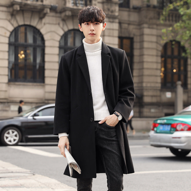 Herren Einreihiger Wollmix-Longcoat mit schmalem Revers und minimalistischer Silhouette Drune