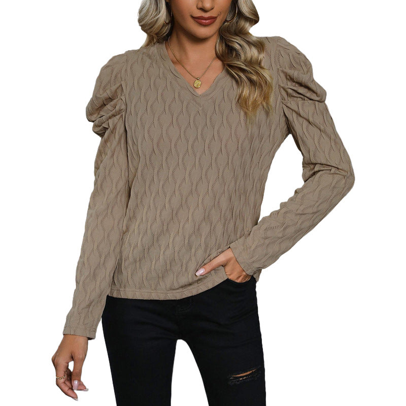 Damen Feinstrickpullover mit V-Ausschnitt und gerafften Ballonärmeln Drune