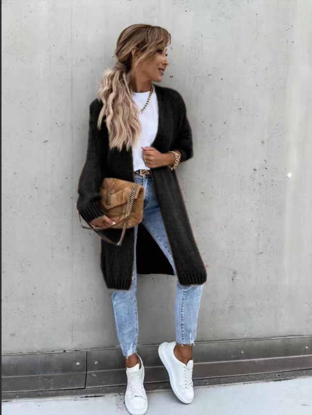 Damen Grobstrick Cardigan mit offener Vorderseite und lässigen Ärmeln Drune